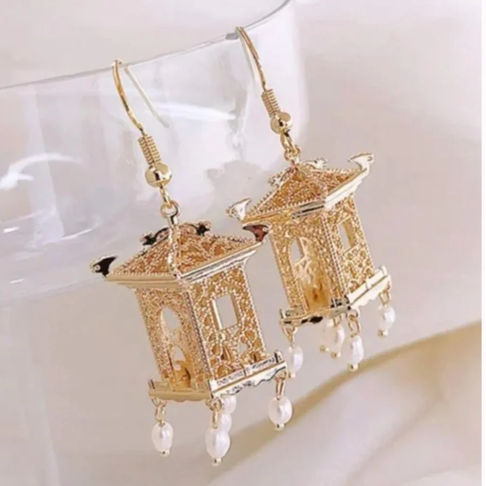 ❤️ FREE Pagoda Tower Pearl Drop Peasant Hipster Hippie Art Boho Fun Earrings